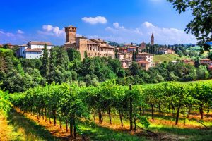Romantic vine route with medieval castles in Italy. Emiglia Roma.