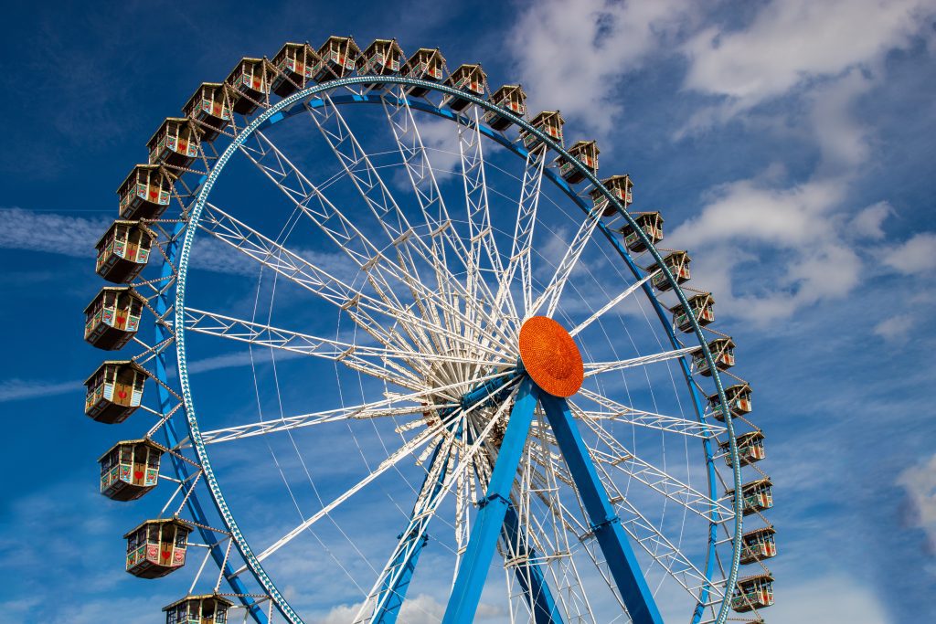 Ferris wheel (Riesenrad) on the Oktoberfest in munich/germany with blue sky and white clouds