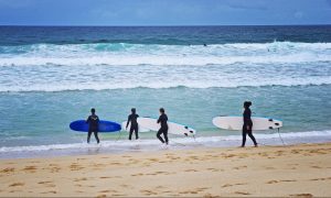 Beginner surfers on the beach. Surfing lesson. 