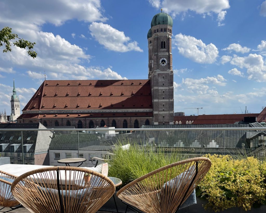 View from rooftop with chairs, Frauenkirche Munich City.