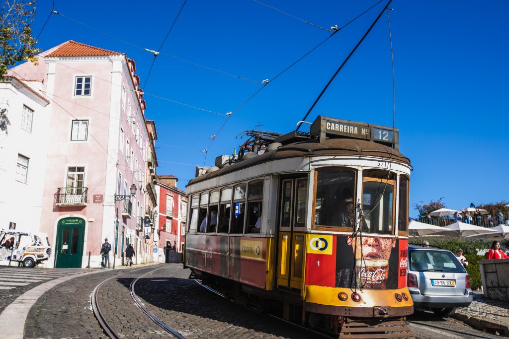 Lisbon Tramway, blue sky and sunny day.