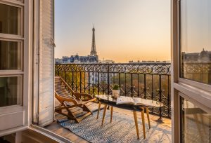 Hotel room view with eiffel tower in paris