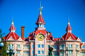 Disneyland Paris hotel view with blue sky and sunny day.
