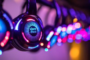 Colorful lights, Headphones for silent disco event.