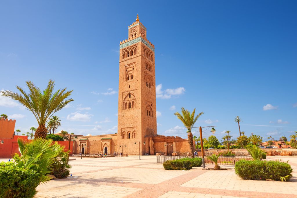 Koutubia Mosque in Marakech, blue sky and sunshine.