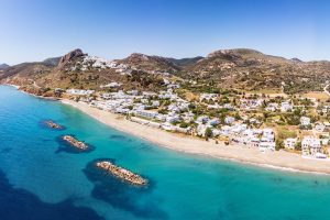 Magazia Beach on Skyros Island in the Sporades, Greece, featuring golden sand, turquoise water and a peaceful coastal atmosphere.
