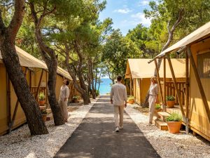 Sandy path between wooden beach bungalows shaded by pine trees leading down to the sea