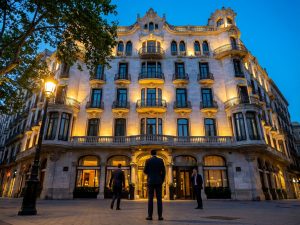 Ornate historic hotel facade illuminated at dusk with guests arriving at the entrance