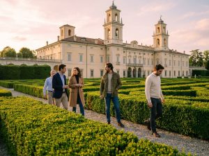 People walking through the formal gardens of a hilltop castle villa near Bologna