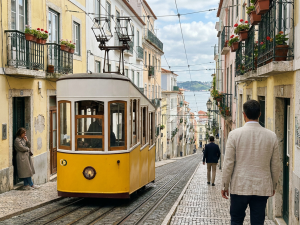 Yellow vintage tram on a narrow Lisbon street lined with historic buildings, with people walking nearby