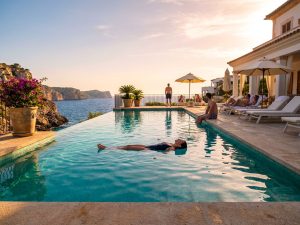 Pool terrace at a luxury wellness hotel on Mallorca's southwestern tip used for team retreats