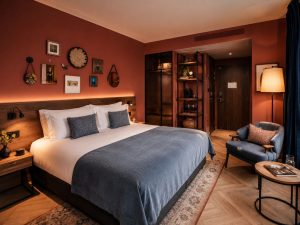 Warmly lit contemporary hotel room in a Milan boutique hotel