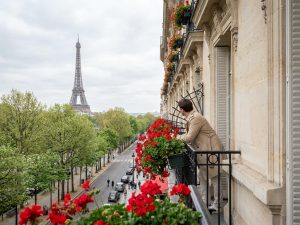 Aerial view of the Eiffel Tower and the Champ de Mars in Paris, France