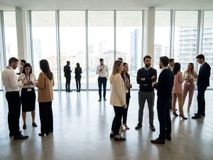 Business event guests at an outdoor conference venue