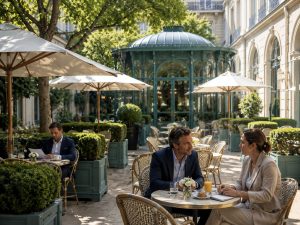 Business event guests at an outdoor conference venue