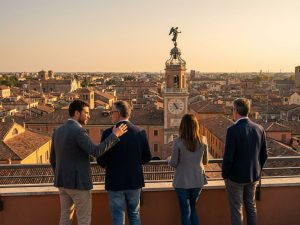 Group talking on a hotel terrace with views over Bologna's rooftops and hills