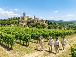Team walking through a hillside vineyard in the Bologna countryside