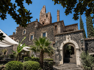 Medieval castello event venue surrounded by vineyards near Rome.