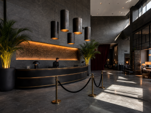 Elegant hotel reception interior near the Colosseum in Rome.