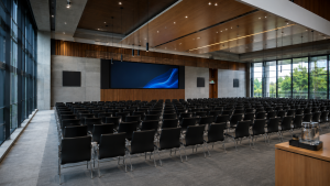 Modern conference room set up for a large meeting in Rome.