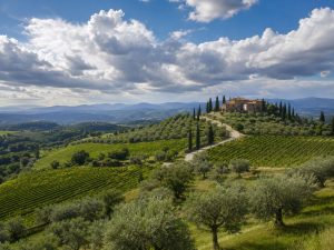 d'Orcia) Vineyards and olive trees in a small Val d'Orcia village, Tuscany