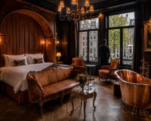Hotel bedroom with a made bed in a wood-panelled alcove, armchair, side table and reading lamp