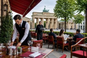 Waiter setting an outdoor restaurant terrace under a red awning with the Brandenburg Gate behind
