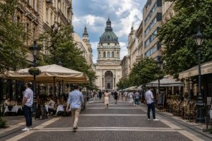 Pedestrian street in Budapest lined with cafe terraces, leading to a domed basilica