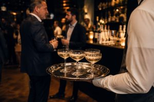 Bartender in a dark suit preparing a drink behind a dimly lit hotel bar with backlit bottle shelves