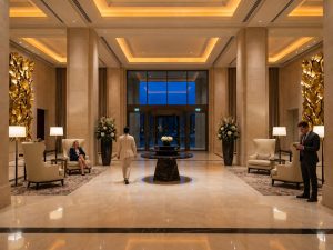 Spacious hotel lobby with marble columns, armchairs and large floral displays