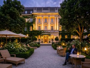 Hotel garden terrace at dusk with loungers, parasols and a lit neoclassical façade behind