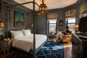 Boutique hotel twin room with white beds, deep blue patterned wall panels and a hanging brass lantern