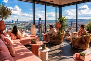 Guests seated in pink armchairs beside tall windows in a hotel lounge with rooftop city views