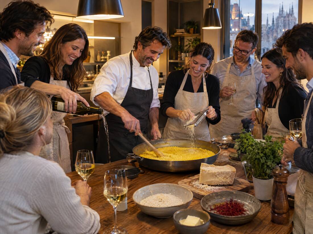 Business team cooking risotto together with a chef