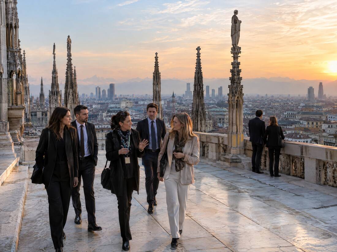 Small group with a guide on the marble rooftop terraces of Milan Cathedral
