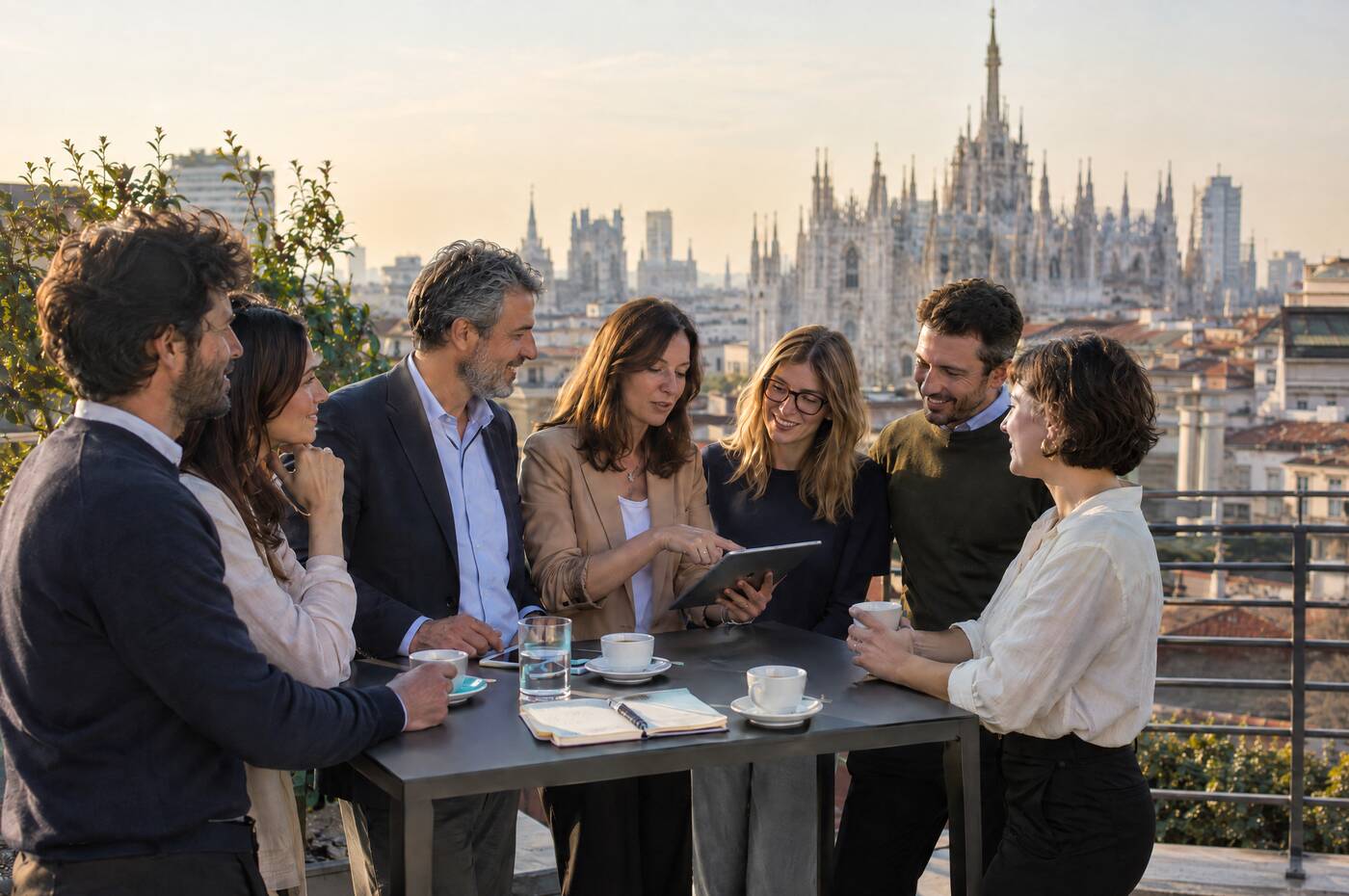Leadership team in conversation on a rooftop terrace with the spires of Milan Cathedral behind them